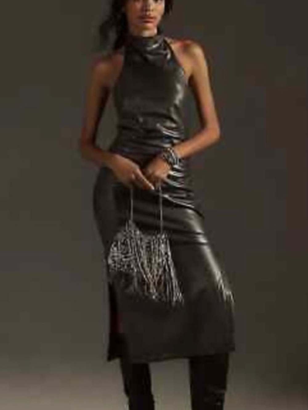Anthropologie Maeve Metallic Silver Faux-Leather Halter Rouched Midi Dress